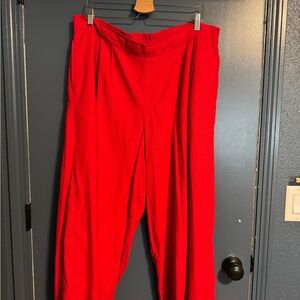 Red Wide Leg Linen Blend Women's Pants